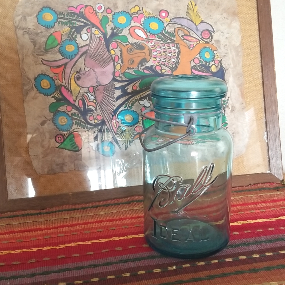 Antique Vintage Mason Jar aquq blue tint
